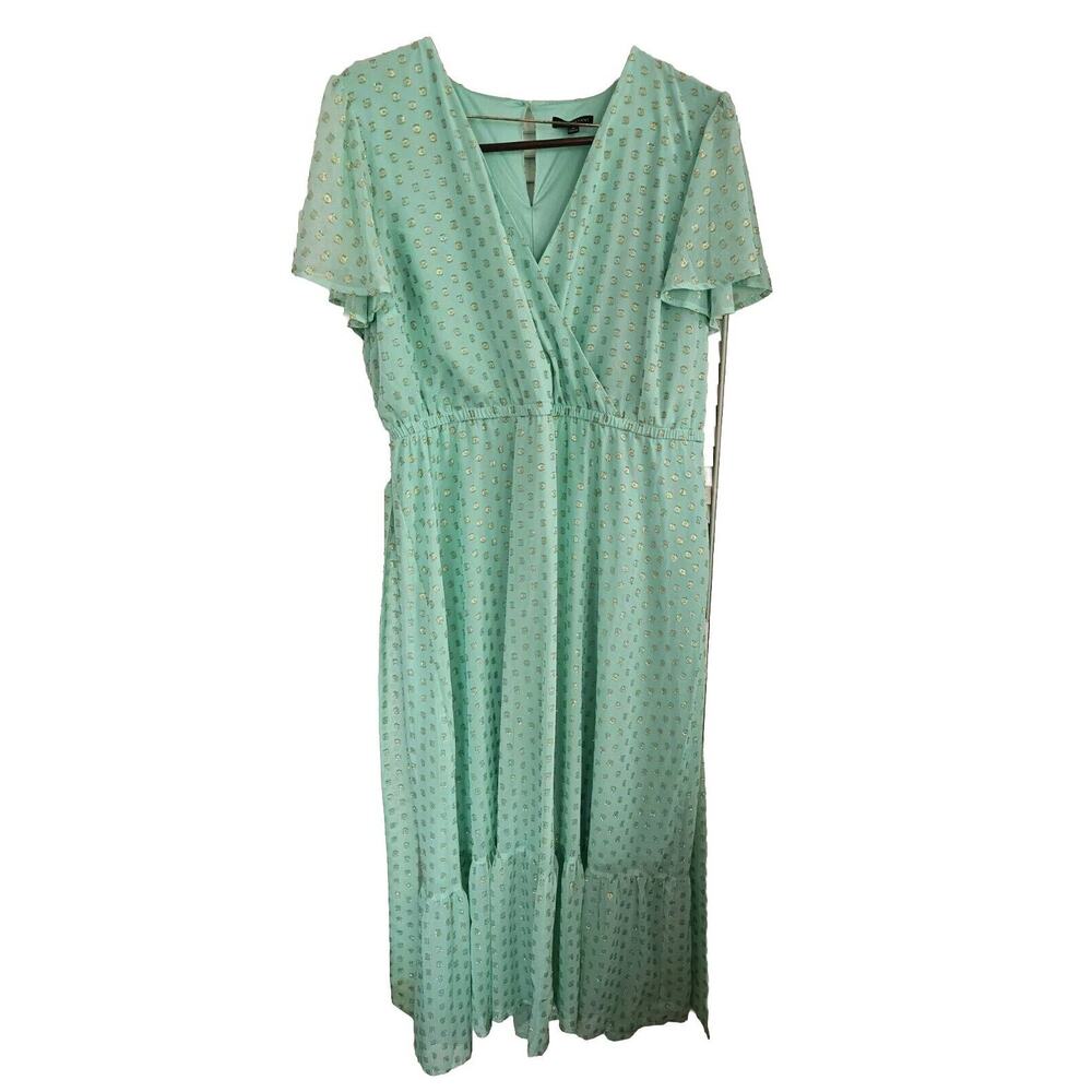 Gorgeous Lane Bryant Maxi Dress Womens 20 Aqua Gold Flutter Sleeve FLOWY